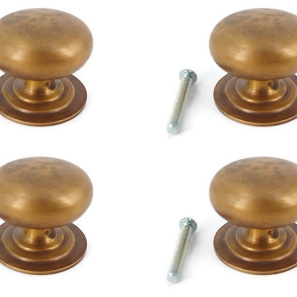 4 solid 1.1/4" inches wide heavy brass medium knobs handle bolt fix kitchen cabinets wardrobe drawers old style aged patina 32mm diameter