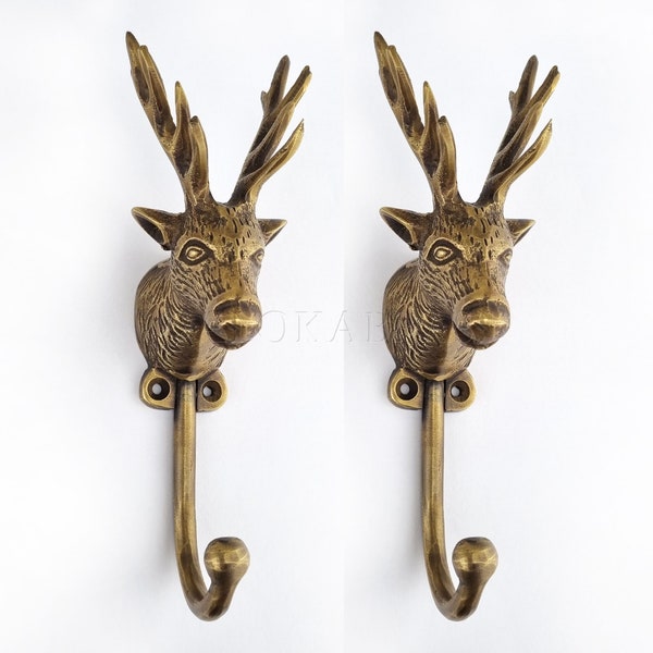 2 brass Gorgeous 6" inch Stag Deer Antelope shape heavy Curvy solid  aged Door wall hooks Old Style 15.5cm many finishes hand cast