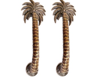 16" inch long basic rough 2 brass light weight large PALM Tree Leaves pair trunk door pull handle rustic Door grab curved hand cast 40 cm