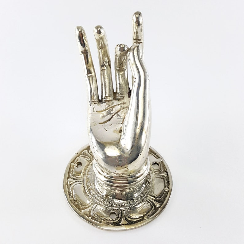 2 brass medium 3.1/2 backplate door handle hook pull 13cm Shuni Mudra Buddha Hand shape Handles 13cm Aged Brass Patina Knob image 6