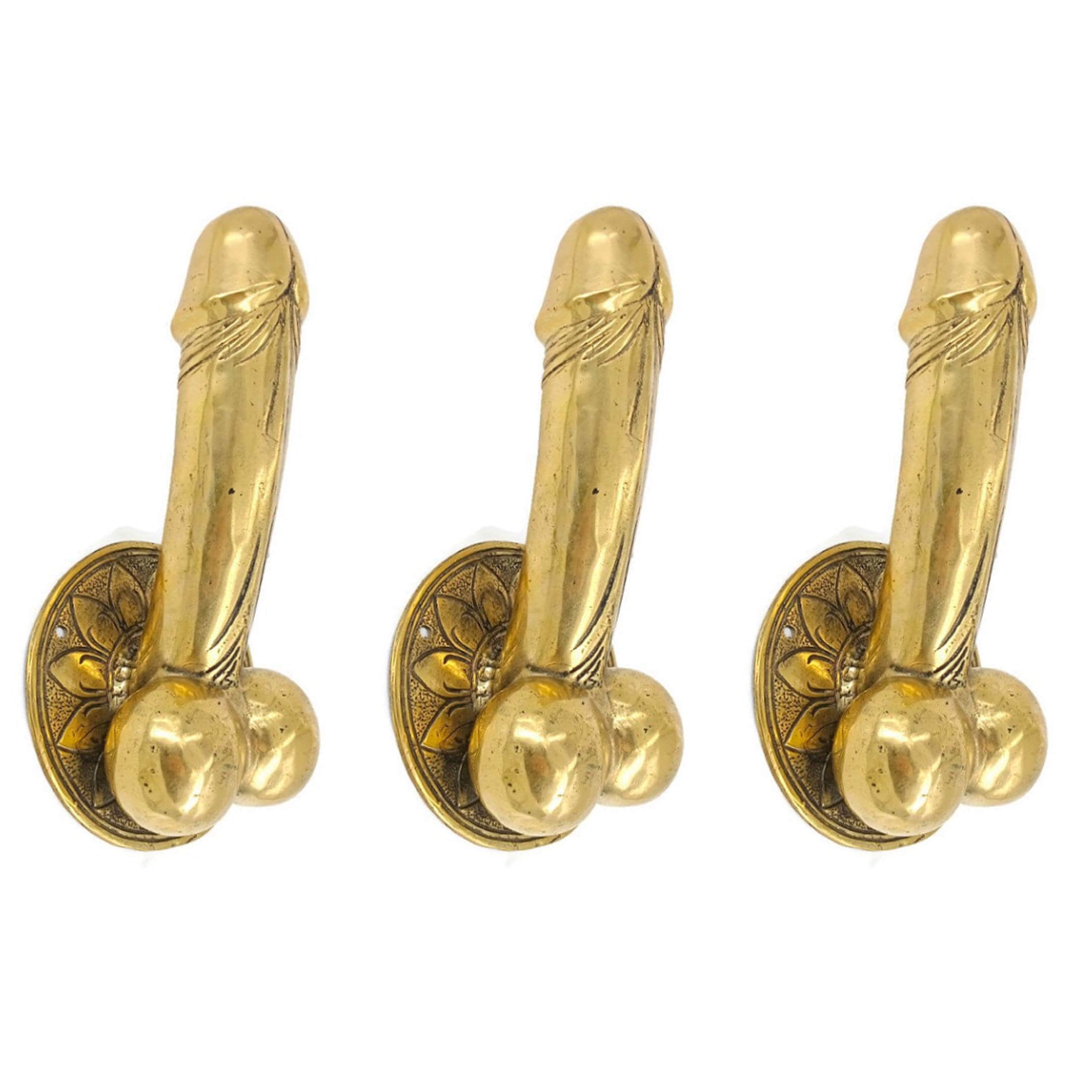 Set of 3 Large Brass 9 Inch Long Door Pull or Hook Penis Shape