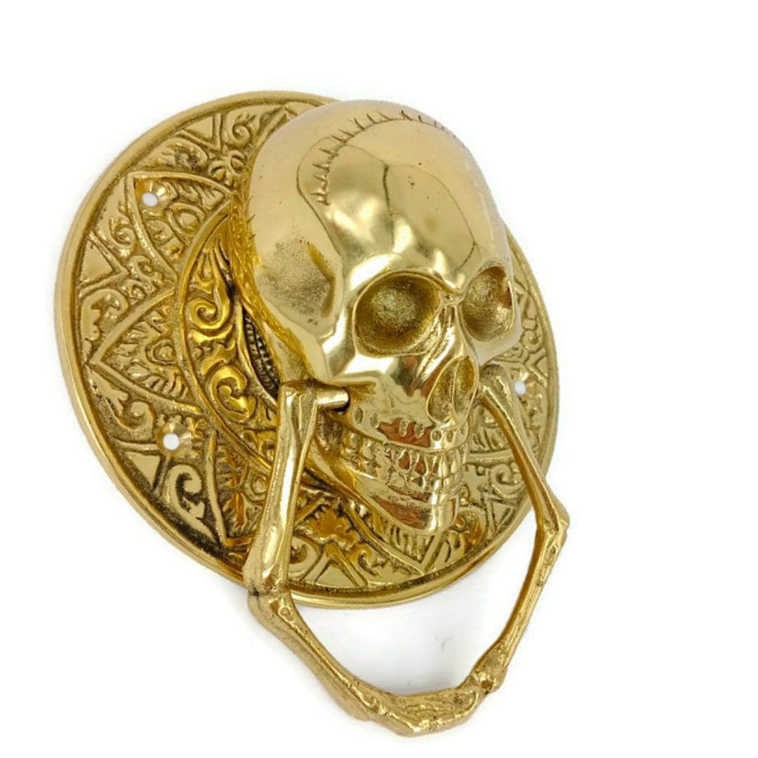 2 round large SKULL head 11.5 cm Ring  pull Handle BRASS  day of the dead door B 