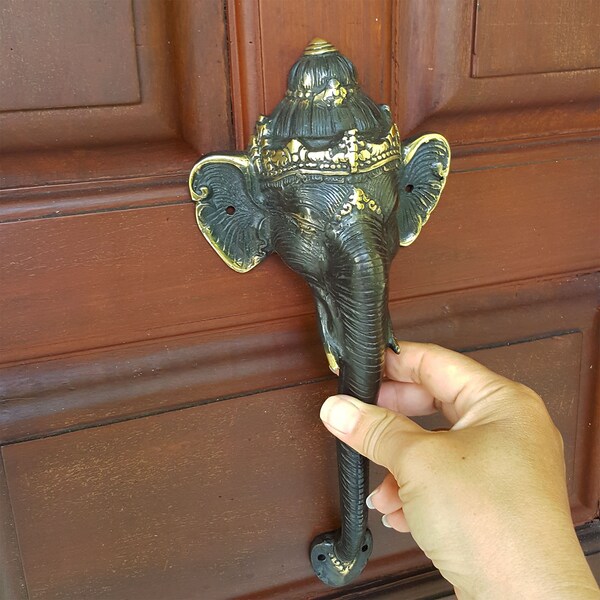 brass GRAB pull Medium size  11.1/2" Elephant 27cm Ganesha Door Pull Handle Vintage Pure Solid Brass Trunk