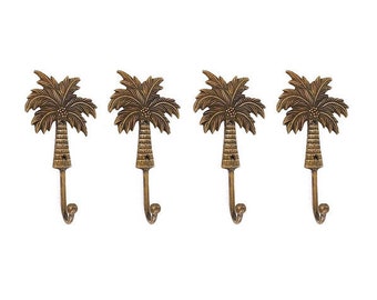 4 large brass large Palm Tree Coat Solid Brass Hook polished Old Style 19 cm Wall Mounted Beach hand cast 7.1/2" inch many finishes