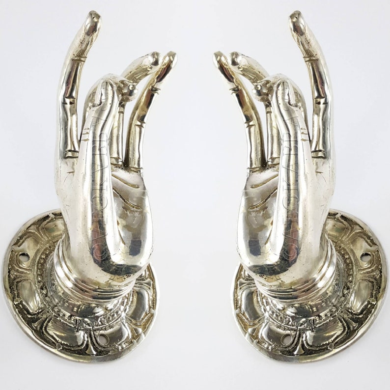 2 brass medium 3.1/2 backplate door handle hook pull 13cm Shuni Mudra Buddha Hand shape Handles 13cm Aged Brass Patina Knob Antique Silver
