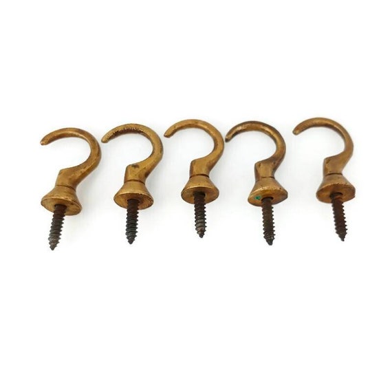 5 Solid Brass Small Kitchen Dresser Cup Hooks Solid Old Style Beach Hand  Cast 1.3/8 Inches 3.5 Cm Opening Polished Aged Brass Pot Hang 