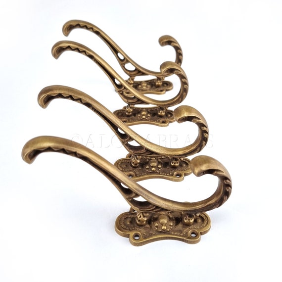 Vintage Ornate Solid Brass Coat Rack 4 Coat Hooks Wall