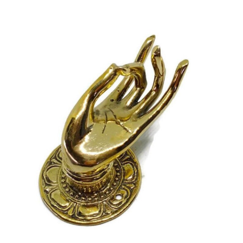 2 brass medium 3.1/2 backplate door handle hook pull 13cm Shuni Mudra Buddha Hand shape Handles 13cm Aged Brass Patina Knob Polished Brass