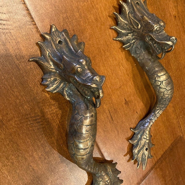 2 brass DRAGON GRABS  Hand Cast Pair 12" Door Handles 2 Pull Brass Old Style House Handle Bronze Patina or Polished 30cm left and right mad