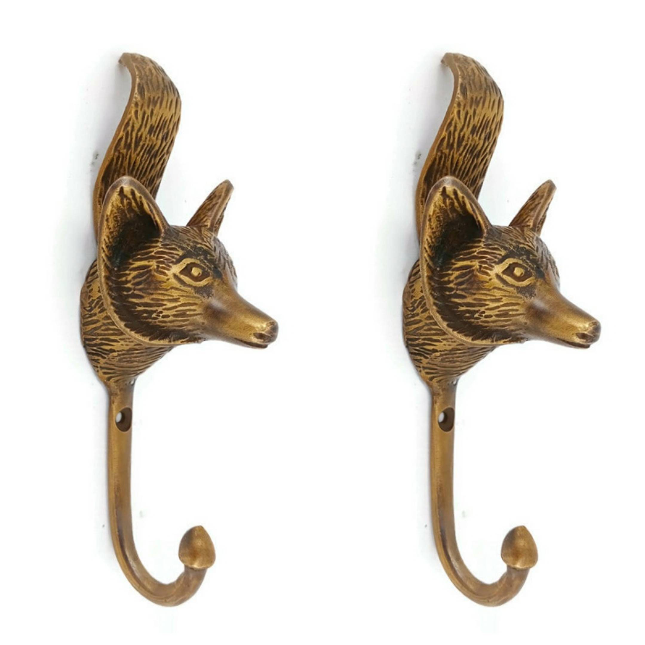 2 Pieces Solid BRASS Large Version 5.1/2 Inch Fox Head Shape With Tail  Heavy Hook Old Style Hallstand Door Coat Hat Solid 14 Cm Finishes 