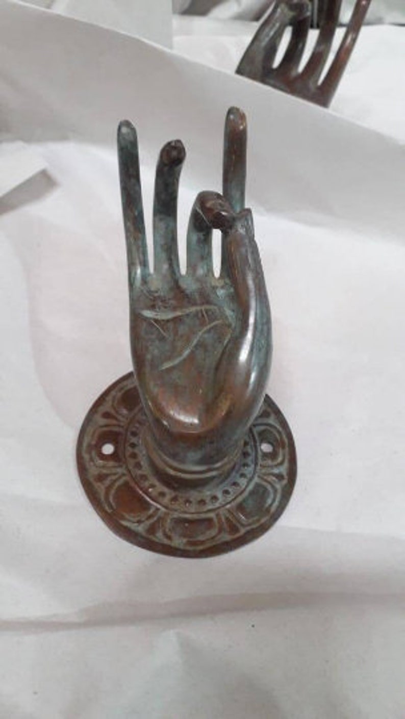 2 brass medium 3.1/2 backplate door handle hook pull 13cm Shuni Mudra Buddha Hand shape Handles 13cm Aged Brass Patina Knob Antique Green