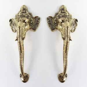 Brass 2 pieces 11" inch Medium Elephant 27cm Ganesha Door Pull Handle Vintage Pure Solid Brass Trunk hollow trunk