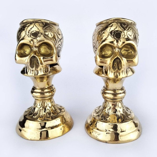 Pair brass small 13.5 cm SKULL candle sticks Solid Brass hollow heavy Antique Style head engraved 5.1/2"