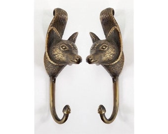 2 Pieces Solid BRASS Large Version 5.1/2 Inch Fox Head Shape With Tail  Heavy Hook Old Style Hallstand Door Coat Hat Solid 14 Cm Finishes 