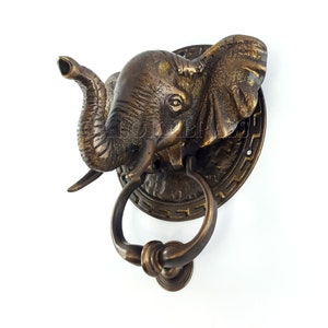 Large Solid Brass Large Stunning Heavy Elephant Ring Door Knocker Vintage Look  Door Banger 16cm pull hook polished aged 7" inches long