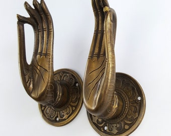 Heavy Brass Pair medium size 5" inch 6.5cm backplate kauser Pull Grab Hook 12cm long Shuni Mudra Buddha Hand shape Knob Handle  Left Right