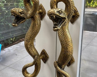 ON SALE 2 Large Amazing Python Curly body Old Style Snake Door Pull Handles 13" inch Door openers screw fixing hand made real brass 35 cm