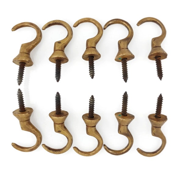 10 Solid Brass Small Kitchen Dresser Cup Hooks Solid Old Style Beach Hand  Cast 1.3/8 Inches 3.5 Cm Opening Polished Aged Brass Pot Hang 
