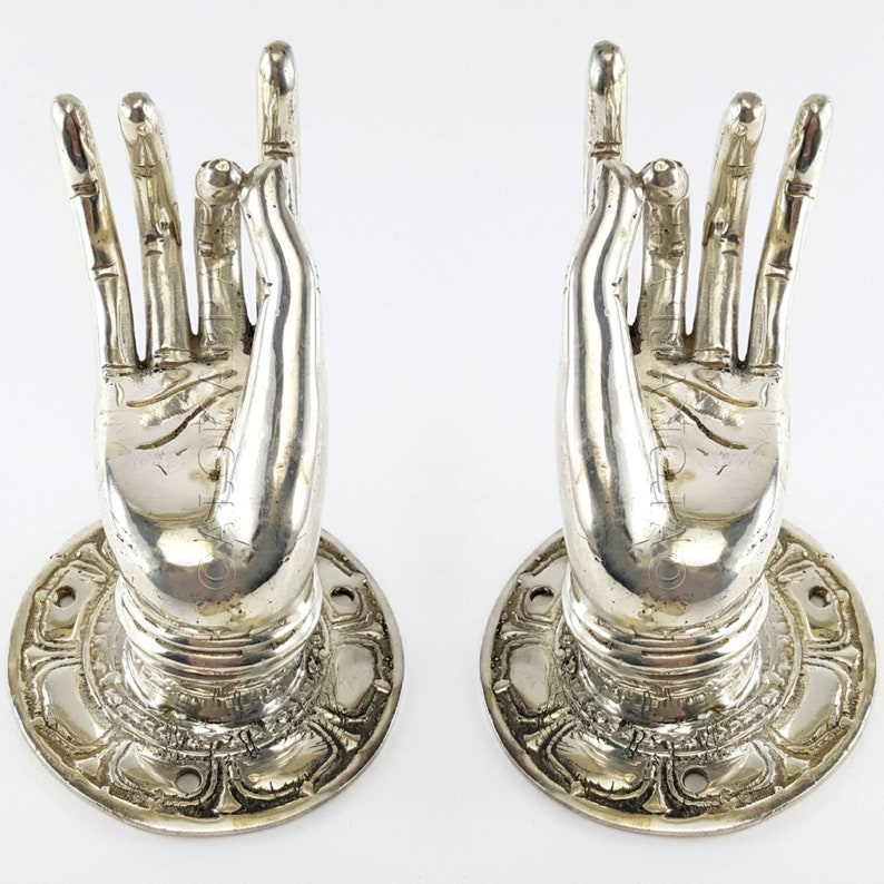 2 brass medium 3.1/2 backplate door handle hook pull 13cm Shuni Mudra Buddha Hand shape Handles 13cm Aged Brass Patina Knob image 8