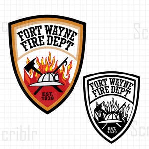 Puede incluir: Un parche negro y blanco en forma de escudo con el texto "FORT WAYNE FIRE DEPT" y "EST. 1839". El parche presenta una imagen estilizada de un casco de bombero, hachas cruzadas y llamas.