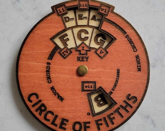 Puede incluir: Una herramienta de teoría musical de madera, un círculo de quintas, con un dial giratorio. El dial muestra los acordes mayores y menores de la tonalidad de Do mayor. El texto "Círculo de quintas" está escrito alrededor del borde del círculo.