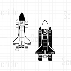 May include: Black and white silhouette of a space shuttle with two side boosters. The shuttle is facing forward with the nose cone pointed up. The shuttle is on a white background.
