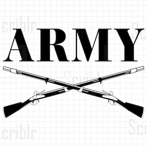 May include: Black graphic featuring the word "ARMY" in bold capital letters above two crossed rifles. The rifles are detailed with dark wood and metal accents, set against a white background.