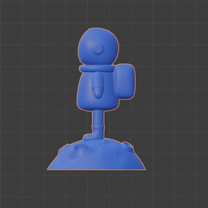Pode incluir: Uma figura de astronauta azul em p&eacute; sobre uma base azul em forma de lua. O astronauta est&aacute; usando um capacete e uma mochila.