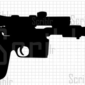 Peut inclure: Une silhouette noire d'un blaster avec une lunette, une arme courante dans la science-fiction.