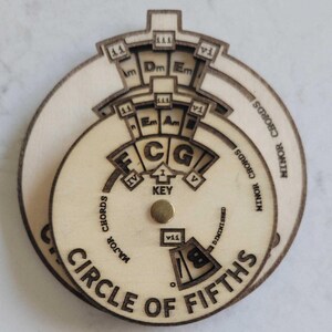 Puede incluir: Una herramienta de teor&iacute;a musical de c&iacute;rculo de quintas de madera con un dial giratorio. El dial tiene las notas C, G, D, A, E, B, F# y los n&uacute;meros romanos I, IV y V. El anillo exterior tiene las palabras "ACORDES MAYORES" y "ACORDES MENORES".