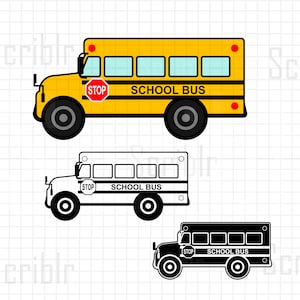 May include: Three illustrations of a yellow school bus with black outlines. The top bus is yellow with black outlines and red stop signs. The middle bus is black and white. The bottom bus is black. All buses have the words "SCHOOL BUS" on the side.