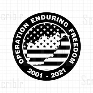 May include: Black and white circular sticker with the text "Operation Enduring Freedom 2001 - 2021" around a stylized American flag.