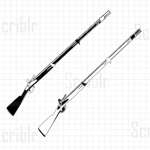 May include: Two black silhouette illustrations of antique flintlock muskets. The muskets are angled in opposite directions.