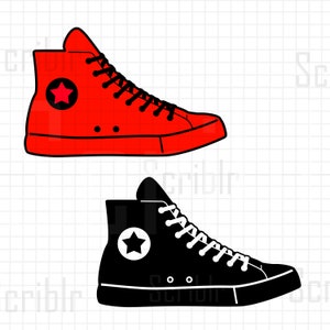 Pode incluir: Dois pares de ténis de cano alto, um vermelho com uma estrela branca e um preto com uma estrela branca.