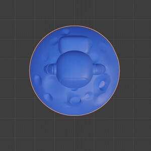 Pode incluir: Uma figura de astronauta azul em p&eacute; em uma lua azul com crateras. A lua &eacute; contornada em laranja.