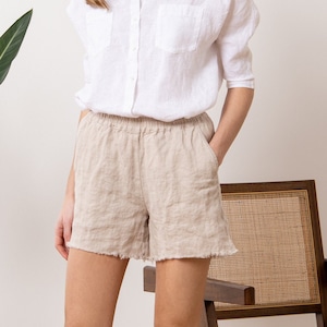 Beige Linen Shorts EMMA. Loose shorts. Mid Waisted shorts. Pure Linen Shorts. Summer Clothing. Elastic waist shorts. Soft shorts for women. image 1