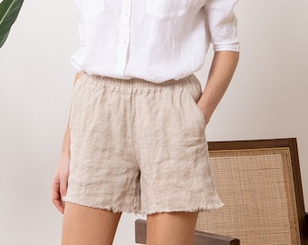 Beige Linen Shorts EMMA. Loose shorts. Mid Waisted shorts. Pure Linen Shorts. Summer Clothing. Elastic waist shorts. Soft shorts for women.