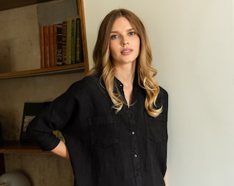 Linen Blouse LORA. Linen Blouse in Black. Linen clothing. Black shirt. Handmade linen shirt.