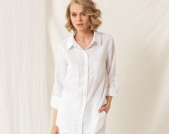 Linen Shirt for Women Sara. Linen Blouse in white colour. Linen Summer clothes.