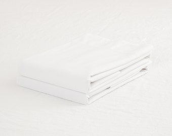 Cotton Percale Fitted Sheet in White Snow color.  Egyptian cotton bed sheets. Stonewashed cotton. Custom sizes. Twin, Queen, King Sizes.