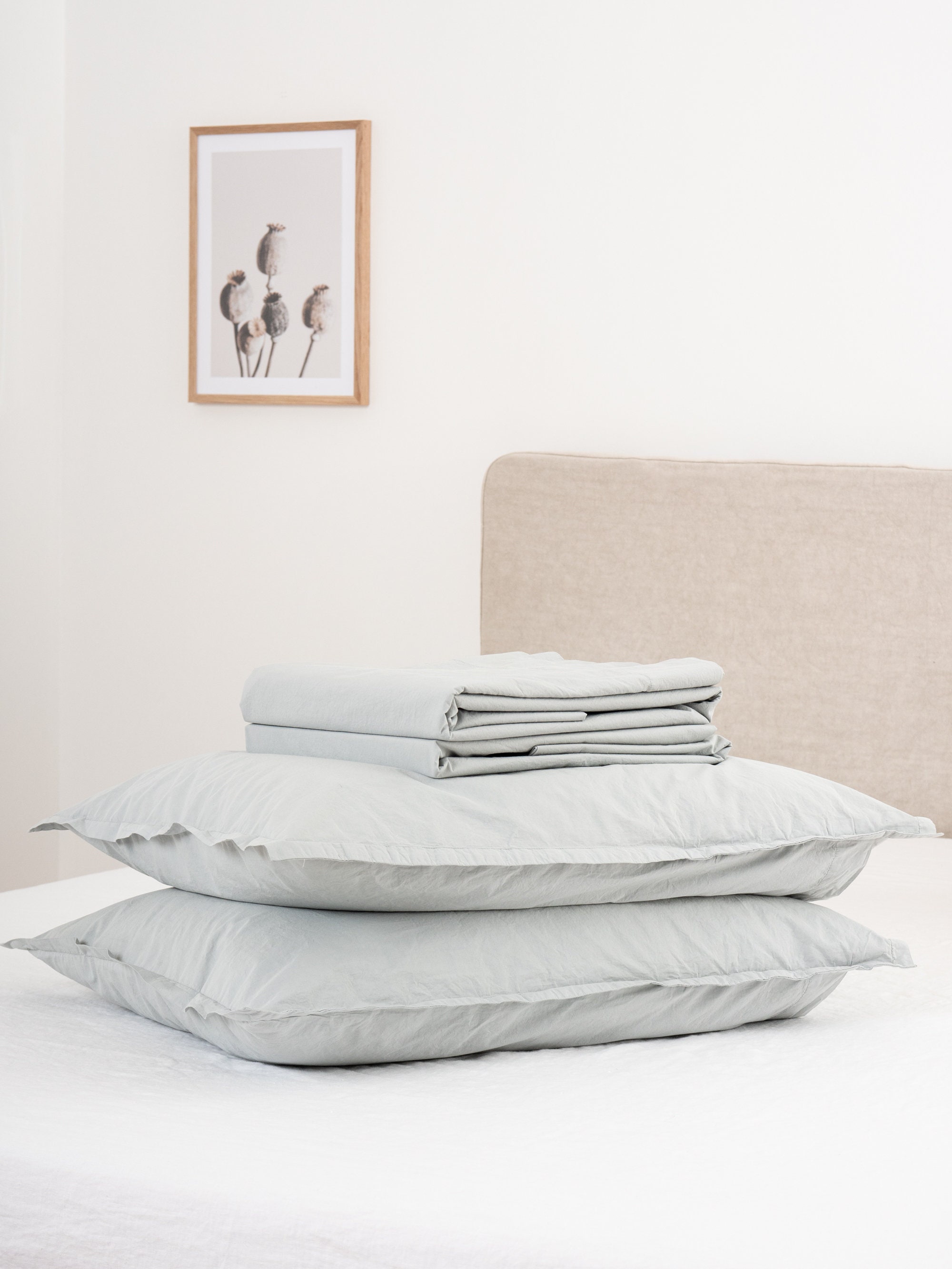 Ensemble de Draps Coton + 2 Taies d'oreiller. Literie Sky Grey. Feuille Plate. Drap-Housse. Taies Ta