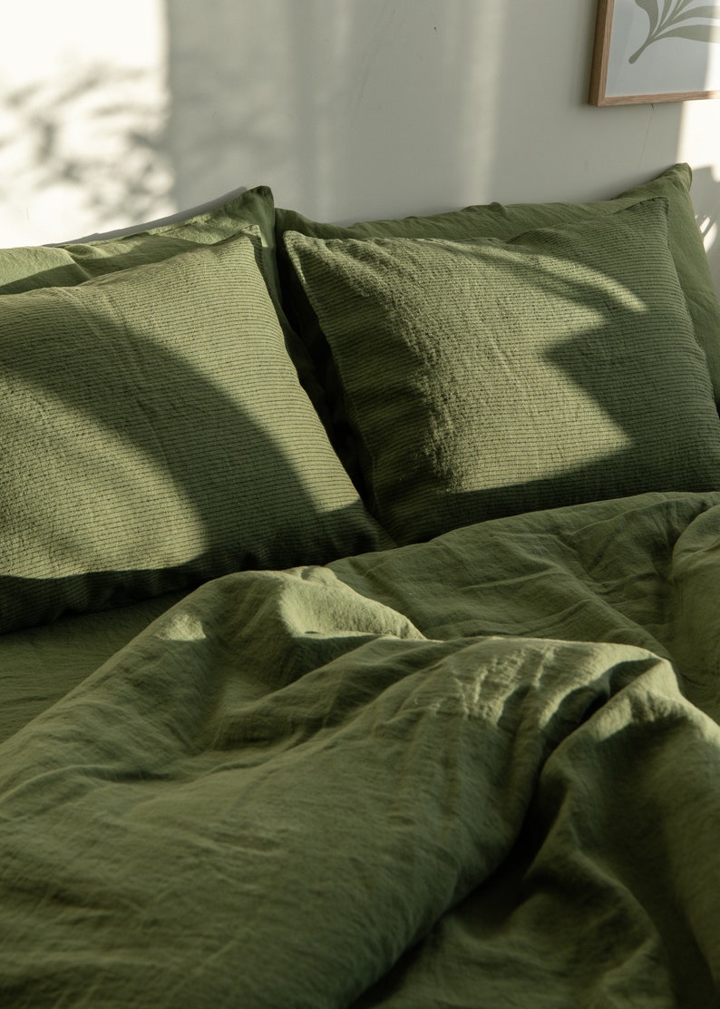 Linen Bedding set in Green 3 PCS, Duvet Cover and Two Pillowcases Queen King Custom sizes, zdjęcie 6