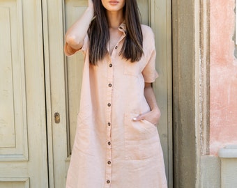 Linen Shirt Dress AUDREY in Dusty Coral. Linen Tunic.  Button up dress. Midi Linen Dress. Summer Dress. Dusty Coral color Dress. Shirtdress.