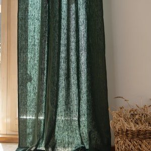 Heavy weight linen curtains, Emerald green linen panel, extra long linen curtains. 285gsm linen panels. Stonewashed 100% European linen. image 1