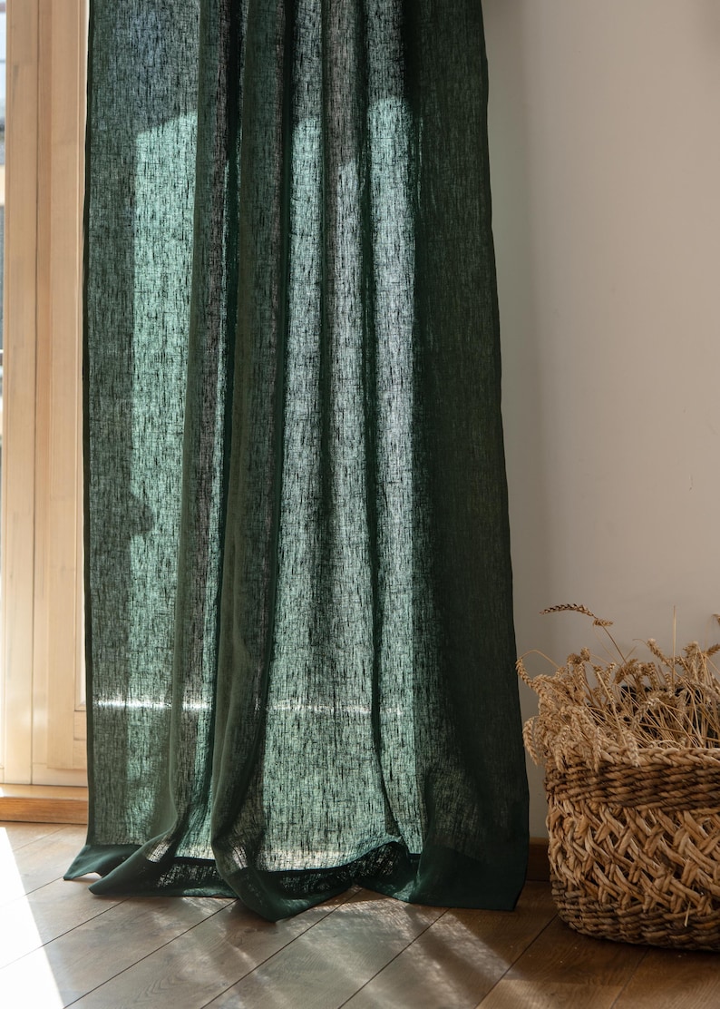 Heavy weight linen curtains, Emerald green linen panel, extra long linen curtains. 285gsm linen panels. Stonewashed 100% European linen. image 1