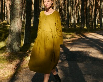 Honey Green Linen Dress Olivia, Fall Outfit