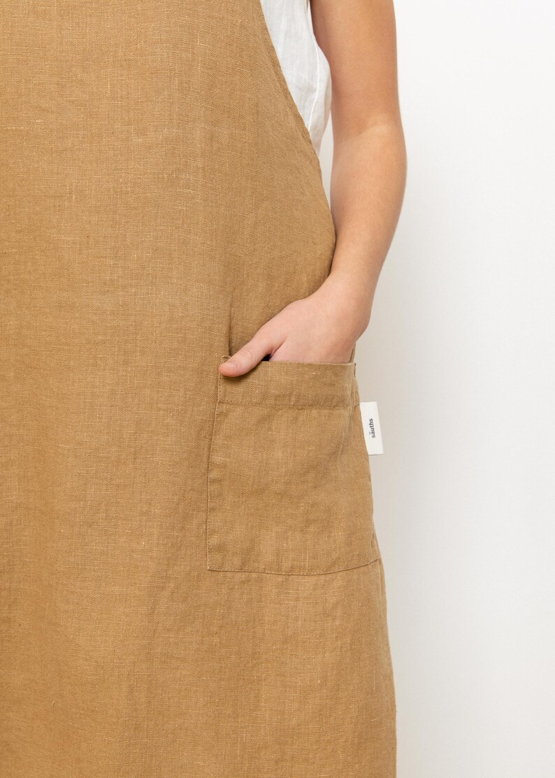 Pinafore linen apron, Cross back apron for her, Gift for her him friend chef, Japanese linen apron with pockets image 5