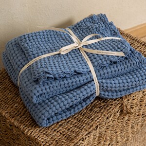 Blue Waffle towel set 3 PCS, Cotton bathroom towels face hand body, Housewarming gift, Self care gift set image 1