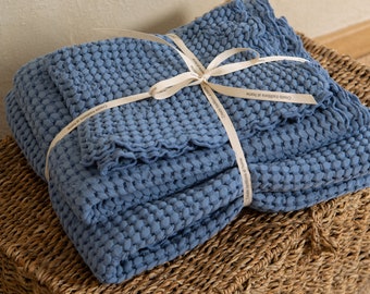 Blue Waffle towel set (3 PCS), Cotton bathroom towels face hand body, Housewarming gift, Self care gift set