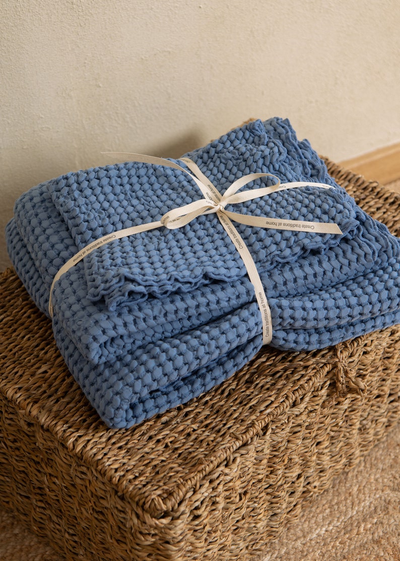 Blue Waffle towel set 3 PCS, Cotton bathroom towels face hand body, Housewarming gift, Self care gift set image 1